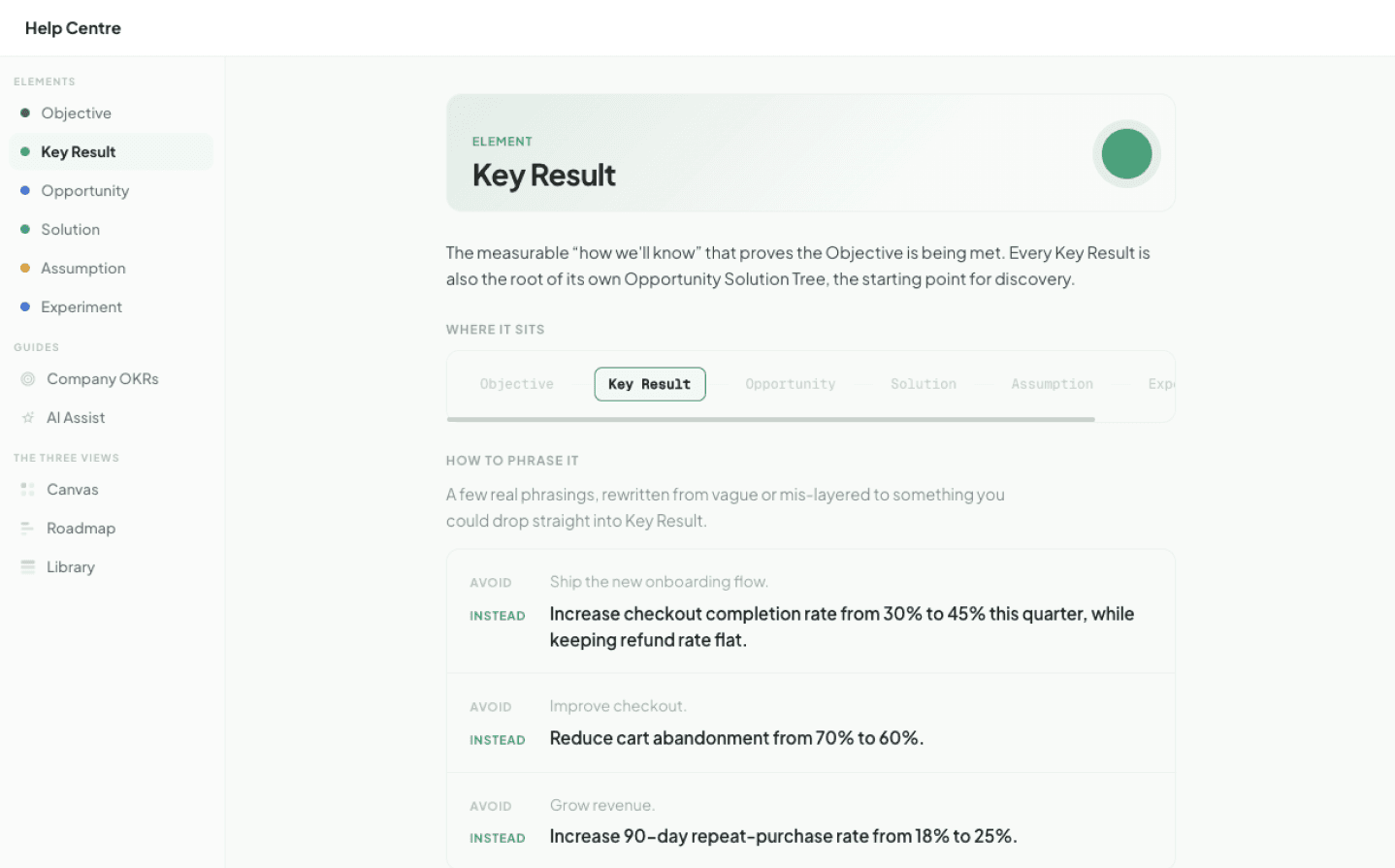 Help Centre article explaining the Key Result element with phrasing examples